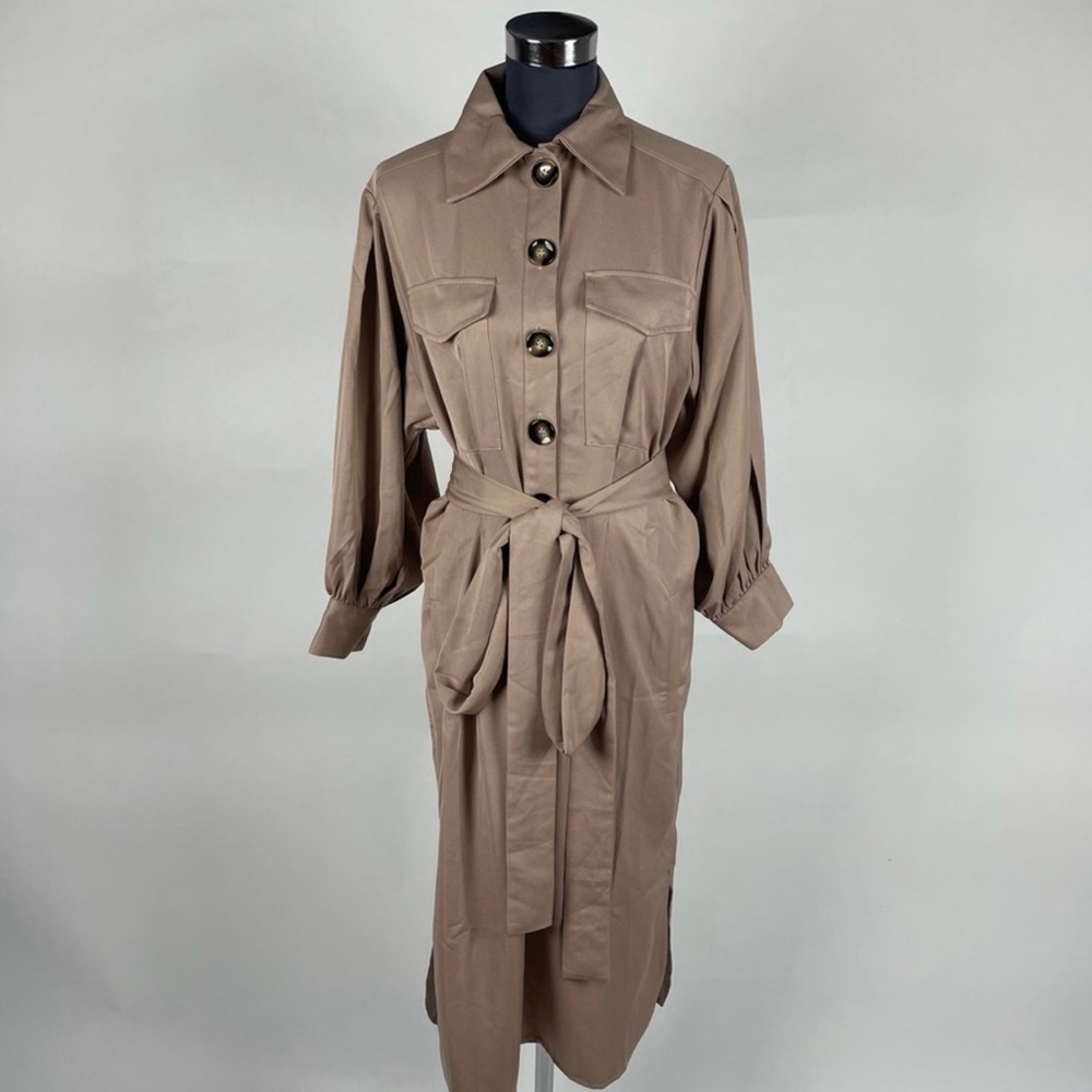 Balloon Sleeve Button Front Midi Dress